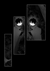 1boy benkdjjituibot black_background black_coat black_hair boots clone coat combat_boots curtained_hair curtains dual_persona film_grain greyscale highres looking_at_another male_focus monochrome multiple_views omniscient_reader&#039;s_viewpoint popped_collar short_hair walking yoo_joonghyuk