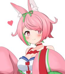 1girl animal_ear_fluff animal_ears azuchi_momo azuchi_momo_(1st_costume) bare_shoulders blush bow breasts choker cleavage closed_mouth colored_inner_hair fang flipped_hair green_hair green_ribbon hair_over_one_eye hair_ribbon hands_up heart jacket jacket_partially_removed large_breasts long_sleeves looking_at_viewer multicolored_hair nijisanji pink_eyes pink_hair pink_jacket red_bow red_choker ria_aerial ribbon short_hair simple_background skin_fang sleeves_past_fingers sleeves_past_wrists smile solo star-shaped_pupils star_(symbol) swept_bangs symbol-shaped_pupils two-tone_hair upper_body virtual_youtuber white_background yellow_pupils