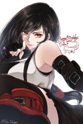 Rule 34 | 1girl, 2025, bare shoulders, bike shorts under skirt, birthday, black gloves, black hair, black skirt, black thighhighs, boots, breasts, character name, closed mouth, commentary request, crop top, elbow gloves, fighting stance, final fantasy, final fantasy vii, final fantasy vii rebirth, final fantasy vii remake, fingerless gloves, glint, gloves, happy birthday, highres, inu tokage, kicking, large breasts, lips, long hair, looking at viewer, materia, pink lips, red boots, red eyes, simple background, skirt, solo, suspender skirt, suspenders, swept bangs, tank top, thighhighs, tifa lockhart, twitter username, upper body, white background, white tank top