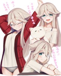 1girl akiyama_haruno animal arm_behind_head arms_up bare_shoulders blue_eyes breasts cat chinese_text closed_eyes closed_mouth commentary_request cropped_legs glasses grey_hair grey_panties hair_between_eyes hanten_(clothes) highres holding holding_animal holding_cat long_hair long_sleeves looking_at_viewer medium_breasts mono_(afro) multiple_views no_pants open_mouth panties red_robe robe rotix round_eyewear shirt simple_background smile standing stretching thick_eyebrows translation_request underwear white_background white_cat white_shirt