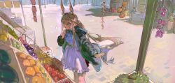1girl absurdres amiya_(arknights) animal_ears apron arknights ascot avocado banana bell_pepper black_jacket blue_ascot blue_choker blue_eyes box brown_hair chili_pepper choker commentary day english_commentary food fruit grapes highres infection_monitor_(arknights) jacket lemon long_hair low_ponytail market material_growth onion open_mouth orange_(fruit) oripathy_lesion_(arknights) outdoors pear people plum ponytail rabbit_ears shade solo sparkle tamomoko taro-k tomato very_long_hair