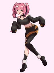 1girl :d absurdres bare_shoulders belt black_choker black_shirt black_shoes choker collarbone commentary coral_(pokemon) dated_commentary delcho fang full_body grey_eyes hair_ornament highres long_sleeves midriff navel nintendo off-shoulder_shirt off_shoulder open_mouth pink_hair pokemon pokemon_(anime) pokemon_horizons shirt shoes sleeves_past_fingers sleeves_past_wrists smile solo twintails yellow_belt