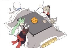 Rule 34 | 3girls, :3, ahoge, akashi (azur lane), animal ears, azur lane, black kimono, bow, brown hair, cat, cat ears, closed eyes, dress, fake animal ears, food, fruit, green hair, hair bow, hat, hatski.sin, high ponytail, highres, japanese clothes, jean bart (azur lane), kimono, kotatsu, long hair, mandarin orange, manjuu (azur lane), multiple girls, ponytail, rabbit ears, red bow, ribbon, sailor collar, shiranui (azur lane), simple background, sleeping, table, under kotatsu, under table, very long hair, white background, white dress