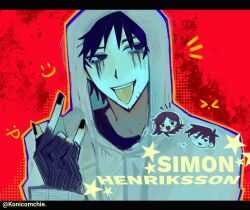 1boy \n/ beard_stubble black_eyes black_hair black_nails chibi chibi_inset chromatic_aberration cry_of_fear david_leatherhoff emoticon facial_hair fangs grey_hoodie highres hood hood_up hoodie konicomchiee letterboxed makeup male_focus red_background runny_makeup short_hair side-eyed simon_henriksson solo sophie_(cry_of_fear) stubble tongue tongue_out upper_body