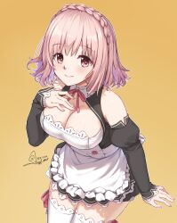 apron braid breasts commission date_a_live date_a_live:_rinne_utopia detached_sleeves dream_c_club dream_c_club_(series) fingernails frills highres large_breasts maid_apron medium_hair pink_eyes pink_hair pixiv_commission ribbon signature smile sonogami_rinne sundajin_asagi thighhighs thighs white_thighhighs zettai_ryouiki