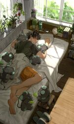 Rule 34 | 1boy, absurdres, alarm clock, asymmetrical horns, barefoot, bed, black hair, black horns, black shirt, book, bookshelf, bottle, cellphone, clock, closed eyes, commentary, curtains, ear piercing, earrings, flower, hanging plant, highres, holding, holding leaf, horns, iphone, jewelry, leaf, lying, male focus, male underwear, mario (series), muntins, ne2 (renznyanya), nijisanji, nijisanji en, nintendo, on side, orange male underwear, parted lips, phone, piercing, pillow, plant, pointy ears, potted plant, purple flower, red flower, ren zotto, renvader (ren zotto), shirt, short hair, short sleeves, sleeping, slippers, smartphone, solo, spray bottle, stud earrings, stuffed toy, t-shirt, tissue box, tree, underwear, uneven horns, unworn slippers, virtual youtuber, window, yoshi