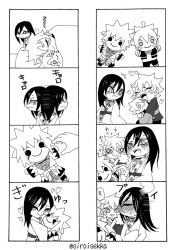 aged_down blanket blush boruto:_naruto_next_generations chibi comic crossed_arms cuddling doll embarrassed father_and_son furrowed_brow heart highres japanese_clothes japanese_text jiraiya_(naruto) kimono long_hair looking_to_the_side manga_style mitsuki_(naruto) monochrome naruto_(series) orochimaru_(naruto) siroisekka sleeping steam stuffed_toy sweatdrop time_paradox translation_request uzumaki_boruto wavy_hair zzz
