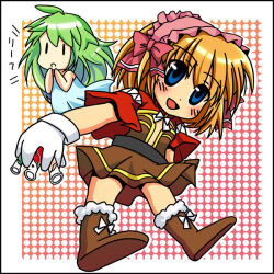 2girls :d blonde_hair blue_dress blue_eyes boots bow bowtie brown_boots brown_dress cape chibi chibi_only commentary_request creator_(ragnarok_online) dress flat_chest footwear_bow frilled_hairband frills full_body fur-trimmed_boots fur_trim gloves green_hair hairband kumakemusi lif_(ragnarok_online) long_hair looking_at_viewer male_focus multiple_girls open_mouth pink_background pink_hairband plunging_neckline ragnarok_online red_cape short_hair smile vial white_bow white_bowtie white_gloves