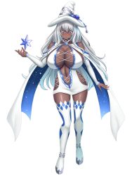 1girl bare_shoulders blue_eyes boots breasts center_opening cleavage curvy dark-skinned_female dark_skin detached_sleeves full_body hat highres hip_vent huge_breasts large_hat long_hair looking_at_viewer navel original plump rough_(riferio) shiny_skin smile solo thigh_boots white_hair witch witch_hat