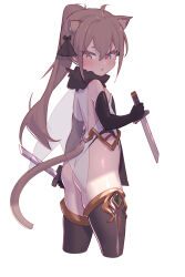 1boy absurdres ahoge animal_ears ass bare_shoulders bibiko_(shippitsu) black_gloves blush boots bow brown_eyes brown_hair cowboy_shot cropped_legs elbow_gloves from_behind gloves hair_between_eyes hair_bow high_ponytail highres holding holding_knife indie_virtual_youtuber knife leotard long_bangs looking_at_viewer looking_back open_mouth ponytail shippitsu sidelocks simple_background solo tail thigh_boots trap white_background
