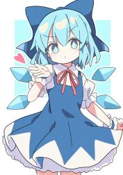 1girl absurdres aqua_eyes aqua_hair black201_wav blue_dress blue_ribbon bright_pupils cirno collared_shirt cowboy_shot detached_wings dress frilled_dress frills hair_ribbon heart highres ice ice_wings looking_at_viewer puffy_short_sleeves puffy_sleeves ribbon shirt short_hair short_sleeves solo standing touhou white_pupils white_shirt wings