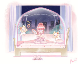 1girl anger_vein angry animal animal_slippers artist_request bags_under_eyes barefoot bedroom blanket blush_stickers border bow bowtie bruise bruised_eye bunny_slippers buttons capelet cat city clone closed_eyes clothed_animal collared_shirt copyright_name curtains deformed ear_covers exhausted fighting frown full_body hair_bun heart highres holding_tennis_racket hood hood_up hooded_capelet indoors injury long_sleeves momo_(nikki) neck_ribbon night night_sky nikki_(nikki) nikki_(series) no_pupils official_art on_bed one_eye_closed open_mouth orange_bow orange_bowtie pajamas pants pillow pink_hair pink_pajamas pink_pants pink_shirt pink_slippers pointing pointing_at_another ribbon second-party_source shadow shining_nikki shirt short_hair shout_lines single_hair_bun sitting sky slippers star_(sky) starry_sky sweat traditional_bowtie turn_pale unworn_slippers updo v-shaped_eyebrows wariza whiskers white_border white_cat white_ribbon window yellow_capelet