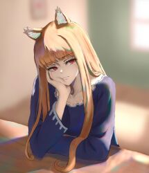 1girl absurdres animal_ears asumie_art blunt_bangs closed_mouth collarbone eyebrows_hidden_by_hair eyes_visible_through_hair hand_on_own_face highres holo long_bangs long_hair looking_at_viewer orange_hair purple_shirt red_eyes shirt sitting solo spice_and_wolf sunlight table window wolf_ears wolf_girl