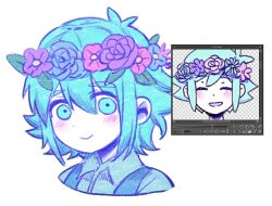 1boy antenna_hair basil_(headspace)_(omori) basil_(omori) blue_overalls blush closed_mouth collared_shirt colored_skin flower green_eyes green_hair green_shirt head_wreath looking_at_viewer male_focus my_loleeta omori overalls shirt short_hair simple_background smile solo white_background white_skin