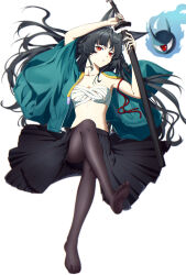 1girl absurdres animal_ear_fluff animal_ears aqua_jacket black_pantyhose black_skirt blunt_bangs chest_sarashi crossed_legs eyeball feet fox_ears fox_girl full_body highres holding holding_sword holding_weapon hoshimi_miyabi jacket katana long_hair looking_at_viewer lying on_back open_clothes open_jacket pantyhose parted_lips pleated_skirt red_eyes rywy2524 sarashi skirt soles sword tailless_(zenless_zone_zero) toes weapon white_background zenless_zone_zero