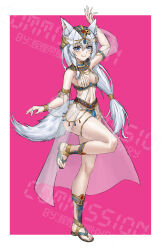 Rule 34 | 1girl, absurdres, ancient egyptian clothes, animal ear fluff, animal ears, arm up, armlet, blue eyes, bracelet, breasts, dancer, fox ears, fox girl, fox tail, full body, gladiator sandals, highres, huihuang rongyao, jewelry, long hair, looking at viewer, low-tied long hair, medium breasts, original, sandals, smile, solo, standing, standing on one leg, tail, thighlet, uraeus, usekh collar, very long hair, watermark, white hair