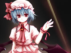 Rule 34 | 1girl, 2000s (style), ascot, black wings, blue hair, bow, closed mouth, commentary request, demon wings, expressionless, frilled shirt collar, frills, grey background, hand up, hat, hat bow, looking at viewer, low wings, mei (artist), mob cap, pink ascot, pink hat, pink shirt, red bow, red brooch, red eyes, remilia scarlet, shirt, short hair, solo, touhou, upper body, wings, wrist cuffs