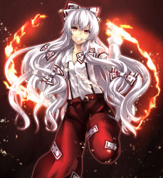 1girl asu_hare bad_id bad_pixiv_id blouse bow collared_shirt female_focus fire fujiwara_no_mokou grin hair_between_eyes hair_bow highres long_hair looking_at_viewer magic multiple_hair_bows pants pyrokinesis red_eyes ribbon shirt silver_hair smile solo standing standing_on_one_leg suspenders touhou very_long_hair white_shirt