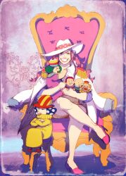 2girls 4boys artist_logo baby bald blue_hair carrying carrying_baby carrying_person charlotte_compote charlotte_daifuku charlotte_katakuri charlotte_linlin charlotte_oven charlotte_perospero coat coat_on_shoulders commentary crossed_arms crossed_legs crying dress earrings english_commentary epaulettes family frown green_hair hat highres inktober jewelry logo long_hair looking_at_viewer mewiyev multiple_boys multiple_girls one_piece orange_hair pink_dress pink_hair pink_nails pink_shoes polka_dot polka_dot_hair red_hair saliva sharp_teeth shoes short_hair sitting smile teeth throne tongue tongue_out white_coat white_hat yellow_coat yellow_eyes