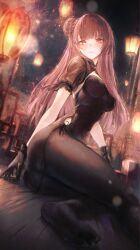 Rule 34 | 1girl, absurdres, ass, black dress, black gloves, black pantyhose, black shrug, blush, breasts, china dress, chinese clothes, closed mouth, collared shrug, dress, girls&#039; frontline, girls&#039; frontline 2: exilium, gloves, hair bun, highres, lamppost, large breasts, looking at viewer, makiatto (embroidered bamboo blooming shadows) (girls&#039; frontline 2), makiatto (girls&#039; frontline 2), official alternate costume, on floor, pantyhose, purple eyes, purple hair, renoahh, shrug (clothing), single hair bun, single side bun, snow print, soles, solo, wa2000 (girls&#039; frontline), watermark