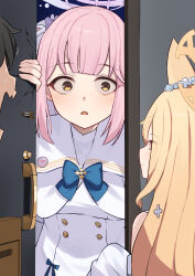 1boy 2girls animal_ears bare_shoulders black_hair blonde_hair blue_archive blue_bow blush bow capelet dress flower fox_ears fox_girl hair_flower hair_ornament hair_scrunchie highres long_hair looking_at_another mi_taro333 mika_(blue_archive) multiple_girls no_eyes open_mouth pink_eyes pink_hair purple_flower scrunchie seia_(blue_archive) sensei_(blue_archive) staring sweat white_capelet white_dress white_flower white_scrunchie yellow_eyes
