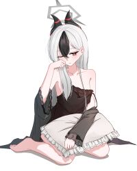 1girl absurdres barefoot black_camisole black_hair black_horns blue_archive blush camisole collarbone demon_horns frilled_pillow frills grey_hair hair_between_eyes halo hand_up highres hit_by_hit horns kayoko_(blue_archive) long_hair looking_at_viewer mole mole_on_collarbone multicolored_hair parted_lips pillow red_eyes simple_background sitting solo two-tone_hair white_background yokozuwari