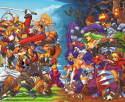 Rule 34 | 6+boys, 6+girls, :d, angry, animal ears, animal hands, animal print, arthropod girl, backwards hat, ball, bandana, bare shoulders, baseball bat, baseball cap, baseball uniform, basketball hoop, bat (animal), bat print, bat wings, battle, beard, bee girl, belt, big hair, biker clothes, bikesuit, black hair, blonde hair, blue hair, blue skin, blush stickers, body fur, bodysuit, boots, boxing gloves, breasts, bridal gauntlets, brown hair, buckle, b.b. hood, capcom, cape, cat ears, cat tail, claws, cleavage, cleavage cutout, clenched hands, cloak, clothing cutout, cloud, colored skin, company connection, crossover, day, demitri maximoff, demon girl, drill hair, everyone, facial hair, felicia (darkstalkers), fighting stance, fingerless gloves, gloves, grass, green hair, gun, hat, hat over eyes, head wings, headband, helmet, high ponytail, holding, hood, ichimonji batsu, imawano hyou, imawano raizou, insect girl, jack-o&#039;-lantern, jiangshi, justice gakuen, kazama akira, large breasts, hsien-ko, leotard, light purple hair, long hair, looking at another, mark brooks, moero! justice gakuen, monocle, monster boy, morrigan aensland, motorcycle helmet, multiple boys, multiple girls, muscular, mustache, ofuda, open mouth, outdoors, outstretched arms, pantyhose, ponytail, print legwear, pumpkin, purple hair, purple legwear, q-bee, roberto miura, sawamura shouma, shoes, short hair, signature, skull, sky, sleeve cuffs, smile, sneakers, soccer ball, spiked hair, spikes, sportswear, star (symbol), star print, submachine gun, sword, tail, tiffany lords, tree, vampire, darkstalkers, victor von gerdenheim, visor cap, weapon, white hair, wings, yamada eiji