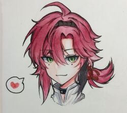 1boy chinese_commentary closed_mouth commentary_request genshin_impact green_eyes hair_between_eyes hair_intakes heart highres looking_at_viewer male_focus mole mole_under_each_eye mole_under_eye multiple_moles muzhiyichun photo_(medium) pink_hair portrait shikanoin_heizou short_hair smile solo spoken_heart traditional_media