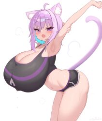 1girl absurdres breasts cleavage gabai highres hololive huge_breasts nekomata_okayu short_shorts shorts solo sports_bra stretching thighs virtual_youtuber