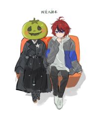 1boy 1girl ahoge black_boots black_coat black_hair black_pants blue_eyes blue_jacket blush boots closed_mouth coat full_body grey_jacket hair_between_eyes hand_up hood hoodie jacket looking_at_viewer mask mask_on_head messy_hair multicolored_eyes multicolored_hair multicolored_jacket oosuzuki_kurara pants red_eyes red_hair shoes sitting smile sumino_takumi the_hundred_line_-last_defense_academy- tomato white_background white_hoodie white_shoes