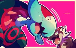 artist_name bad_id bad_twitter_id blush border claws closed_eyes commentary_request dracovish fangs gen_6_pokemon gen_8_pokemon heads_together highres jacknaiff nintendo no_humans open_mouth outline outside_border pokemon pokemon_(creature) smile tongue tyrunt white_border