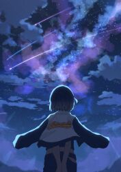 1girl absurdres arms_behind_back cloud commentary facing_away from_behind gakuen_idolmaster hataya_misuzu highres idolmaster jacket jacket_on_shoulders night night_sky outdoors pants shooting_star short_hair sky star_(sky) starry_sky tonata_0201 torn_clothes torn_pants