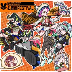 amemura_neri animal_print steamed_bun black_hair black_shorts black_thighhighs blonde_hair blue_eyes blue_hair border braid braided_bangs carton character-themed_food commentary_request cropped_jacket cropped_shirt denonbu earrings fishnet_pantyhose fishnets food gloves grey_hair hair_between_eyes hand_fan hand_up high_heels highres holding holding_fan jacket jewelry knees_up long_hair long_sleeves looking_at_viewer midriff multicolored_hair open_mouth outline pantyhose pink_hair purple_hair red_eyes red_gloves shoe_soles shoes shoji_momoko short_hair shorts sitting smile sneakers streaked_hair symbol-shaped_pupils takoyaki thighhighs tiger_print toramaru_ema translation_request tsuzutsu twintails two-tone_hair very_long_hair white_border white_headwear white_jacket white_outline x-shaped_pupils