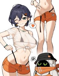 1girl absurdres belle_(zenless_zone_zero) blue_hair blush bracelet breasts bucket_hat cleavage commentary dolphin_shorts earrings eous_(zenless_zone_zero) green_eyes hair_between_eyes hat heart highres holding_strap jewelry liminal0803 medium_breasts midriff multiple_views navel necklace nose_blush off-shoulder_shirt off_shoulder one_eye_closed see-through_clothes see-through_shirt shirt short_hair shorts simple_background smile speech_bubble spoken_heart stomach strap_slip tied_shirt white_background zenless_zone_zero