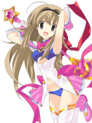 1girl ahoge arm_up armpits arms_up ass black_headband blonde_hair blood_tune blue_panties boots bow breasts buttons capelet chaos;head chaos;head_love_chu_chu! clothing_cutout collared_capelet cosplay costume detached_sleeves dress frills gloves gold_buttons gold_trim hair_between_eyes hair_over_shoulder head_tilt headband high_collar highres holding holding_wand long_hair long_sidelocks looking_at_viewer magical_girl midriff navel nishijou_nanami official_art open_mouth panties pink_boots pink_bow pink_capelet pink_ribbon pink_thighhighs purple_eyes ribbon sasaki_mutsumi seira_orgel seira_orgel_(cosplay) shoulder_cutout sidelocks simple_background small_breasts smile star_wand stomach_cutout thighhighs thighs tongue underboob_cutout underbutt underwear wand white_background white_dress white_thighhighs