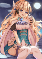 absurdres arm_between_legs black_bow blonde_hair blue_eyes blue_gemstone blunt_bangs bow breasts cape dress elf feather_hair_ornament feathers full_moon gem gloves green_dress hair_bow hair_ornament highres i_tamima large_breasts long_hair looking_at_viewer moon night night_sky open_mouth pointy_ears princess_connect! puffy_short_sleeves puffy_sleeves saren_(princess_connect!) short_sleeves sidelocks sitting sky smile star_(sky) starry_sky thighhighs white_cape white_gloves white_thighhighs