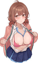 1girl ahoge areola_slip blue_overskirt blue_skirt blush bra breasts brown_hair cardigan cropped_legs gakuen_idolmaster hanami_ume hatsuboshi_gakuen_school_uniform highres idolmaster large_breasts long_sleeves looking_at_viewer namagaki_namero open_cardigan open_clothes open_shirt pink_bra pink_cardigan pleated_skirt ribbon_between_breasts school_uniform simple_background skirt solo underwear white_background