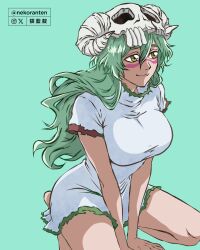 1girl arrancar artist_name bleach breasts dress facial_mark female_focus green_hair highres large_breasts long_hair mask mask_on_head nekoranten nelliel_tu_odelschwanck simple_background skull_on_head smile twitter_username yellow_eyes
