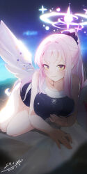 1girl absurdres alternate_costume alternate_hairstyle black_one-piece_swimsuit blue_archive blush closed_mouth feathered_wings hair_ornament hair_scrunchie hayate_(1034853996) highres long_hair looking_at_viewer mika_(blue_archive) one-piece_swimsuit pink_hair ponytail purple_scrunchie scrunchie sidelocks smile solo swimsuit wings yellow_eyes