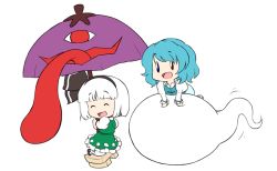 2girls :d ^_^ animated animated_gif blinking blue_eyes blue_hair chibi closed_eyes hairband happy heterochromia karakasa_obake konpaku_youmu konpaku_youmu_(ghost) mazume multiple_girls open_mouth red_eyes short_hair silver_hair simple_background skirt smile tatara_kogasa tongue touhou umbrella white_background
