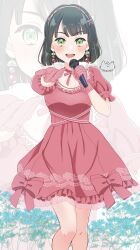 Rule 34 | 1girl, :d, absurdres, black hair, blue flower, blunt bangs, blush, commentary request, dress, earrings, feet out of frame, floral background, flower, flower hairband, frilled dress, frilled gloves, frills, gloves, green eyes, hairband, highres, jewelry, link! like! love live!, looking at viewer, love live!, momose ginko, noanekosan, open mouth, pink dress, pink gloves, pink hairband, puffy short sleeves, puffy sleeves, reflection in the mirror (love live!), short dress, short hair, short sleeves, smile, solo, teeth, upper teeth only, virtual youtuber, zoom layer