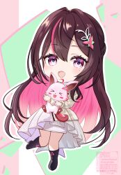 1girl ;d absurdres azki_(4th_costume)_(hololive) azki_(hololive) black_boots boots braid brown_hair colored_inner_hair commentary_request creature deformed double-parted_bangs dress fang full_body grey_dress hair_ornament hairclip half_up_braid half_updo high-low_dress highres holding holding_creature hololive invisible_floor kudoukudokudo long_hair looking_at_viewer mole mole_under_eye multicolored_hair official_alternate_costume one_eye_closed open_mouth pink_hair pioneer_(azki) purple_eyes sidelocks skin_fang skirt skirt_under_dress smile solo standing standing_on_one_leg streaked_hair striped_clothes striped_dress three-quarter_sleeves vertical-striped_clothes vertical-striped_dress very_long_hair virtual_youtuber watermark white_dress white_hair white_skirt