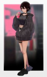Rule 34 | 1girl, bare legs, belt, black choker, black hair, black jacket, black shirt, breasts, bright pupils, can, choker, crop top, hand in pocket, heart, heart choker, highres, holding, holding can, jacket, kushinaka, looking at viewer, medium breasts, midriff, monster energy, original, partially unzipped, purple eyes, shirt, shoes, short hair, solo, thigh belt, thigh strap