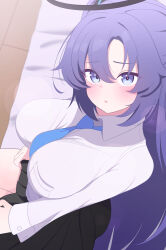 1girl absurdres black_halo black_skirt blue_archive blue_necktie blush breasts commentary_request fortysansan halo highres large_breasts long_hair looking_at_viewer mechanical_halo necktie open_mouth purple_eyes purple_hair shirt sitting skirt solo thighs white_shirt yuuka_(blue_archive)