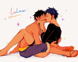 Rule 34 | 2boys, arm tattoo, ass, black shirt, blush, closed eyes, commentary request, couple, demorzel, earrings, facial hair, french kiss, goatee, hand on another&#039;s face, hand tattoo, hands on another&#039;s back, highres, jewelry, kiss, looking at another, male focus, male underwear, monkey d. luffy, multiple boys, one piece, shirt, short hair, sitting, sparkle, tattoo, topless male, trafalgar law, underwear, underwear around one leg, yaoi