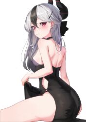 1girl absurdres back black_bow black_dress black_hair black_horns blue_archive blush bow breasts closed_mouth commentary dress ear_piercing from_behind grey_hair hair_between_eyes hair_bow healgo highres horns kayoko_(blue_archive) kayoko_(dress)_(blue_archive) long_hair looking_at_viewer official_alternate_costume official_alternate_hairstyle piercing red_eyes simple_background sitting small_breasts solo white_background
