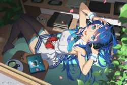 1girl adjusting_headphones ai-chan_(playstation) armpits bean_bag_chair black_thighhighs blue_eyes blue_hair blush breasts cherry_blossoms commentary_request cosmetics cup day detached_collar dress full_body game_console garter_straps handheld_game_console headphones highres indoors knees_together_feet_apart lips lipstick_tube long_hair looking_at_viewer medium_breasts nail_polish off-shoulder_dress off_shoulder open_mouth petals pink_nails plant playstation_2 playstation_3 playstation_4 playstation_controller playstation_portable playstation_vita red_pupils shade short_dress sitting sleeveless smile solo sony sunlight tablet_pc thighhighs thighs vofan white_dress wrist_cuffs