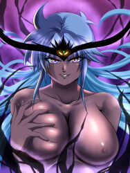 Rule 34 | alternate eye color, alternate hair color, alternate skin color, aura, blue hair, breast lift, breasts, collarbone, corruption, dark-skinned female, dark aura, dark persona, dark skin, deep skin, dragon quest, dragon quest dai no daibouken, evil smile, forehead jewel, grabbing own breast, highres, large breasts, maam, myst-vearn, nipples, nude, possessed, possession, purple eyes, ri~hu, smile, square enix, upper body