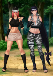 2girls alternate_costume amenoosa black_eyes black_hair black_tank_top boots breasts calling camouflage camouflage_jacket camouflage_pants cleavage crop_top curvy facing_viewer feet female_focus flute forehead_protector forest full_body hair_between_eyes holding instrument jacket kin_tsuchi large_breasts long_hair midriff multiple_girls naruto naruto_(series) naruto_shippuuden nature ninja no_bra no_panties otogakure_symbol outdoors pants red_hair revealing_clothes skirt standing tank_top tayuya_(naruto) very_long_hair vest wide_hips