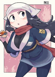 1girl akari_(pokemon) breasts chichibu_(watson) headscarf highres hisuian_poke_ball large_breasts long_hair nintendo poke_ball pokemon pokemon_legends:_arceus solo white_headscarf